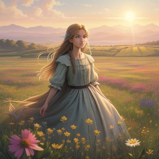 Young Girl in Golden Hour Field, Vivid Digital Art