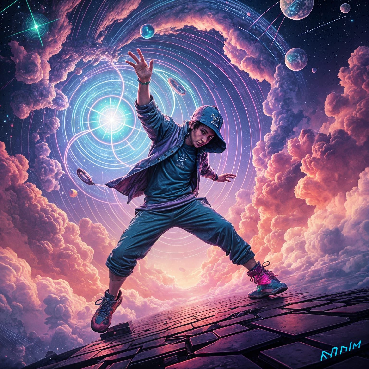 Breakdancer in Neon Astral Cosmic Illustration