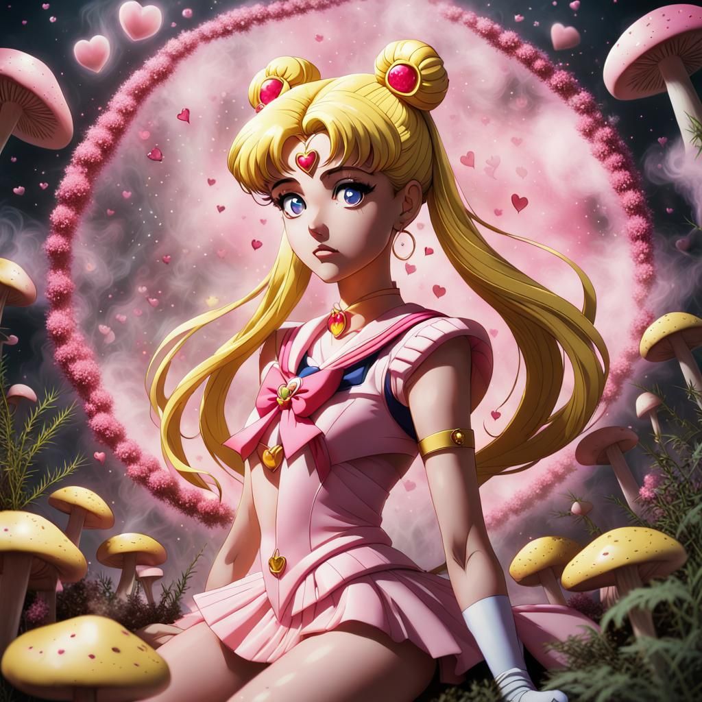 Sailor Moon Surrounded by Weed, Mushrooms, and Stars
