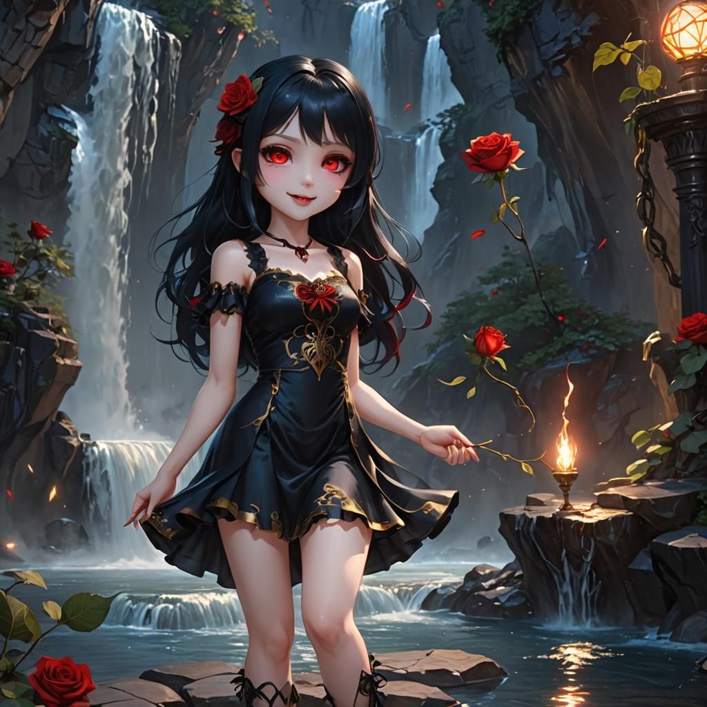 Cute Vampire Girl with Blue Rose: 3D Anime Art
