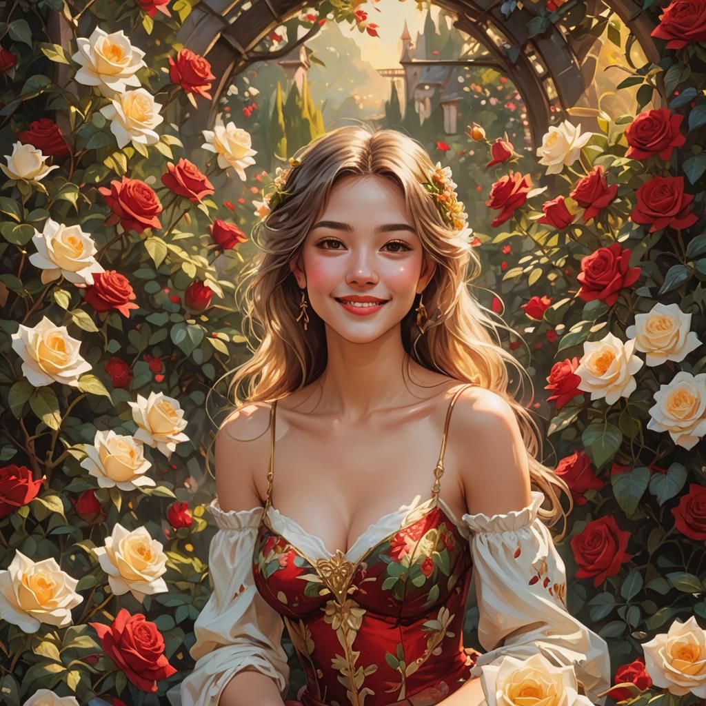 Red Rose Jasmine Garden: Whimsical Fantasy Concept Art