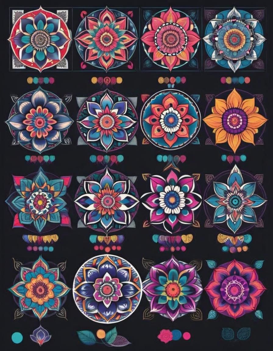 Colorful Mandala Tattoo Flash Sheet: Vector Art