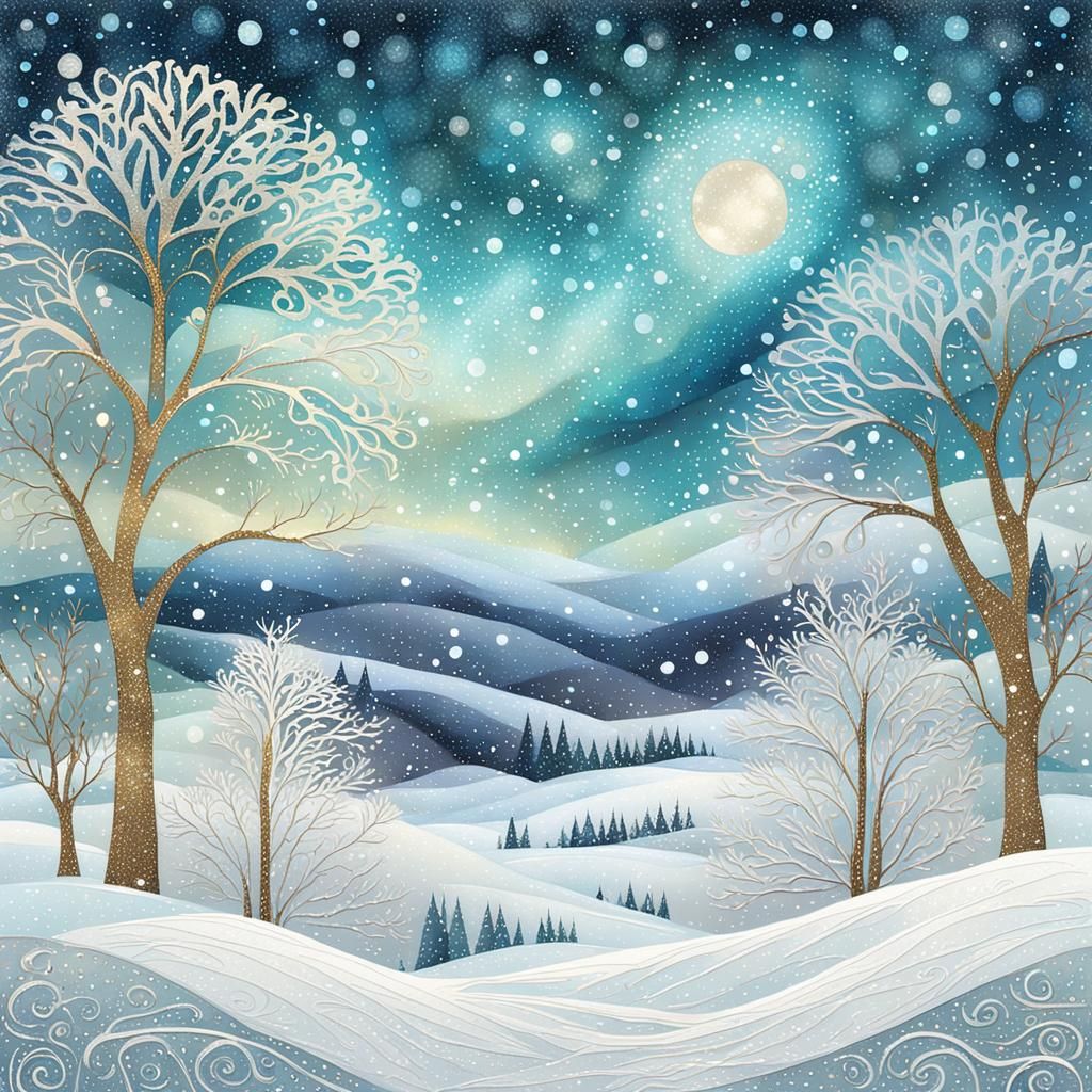 Enchanted Winter Landscape Christmas Card, Klimt Style