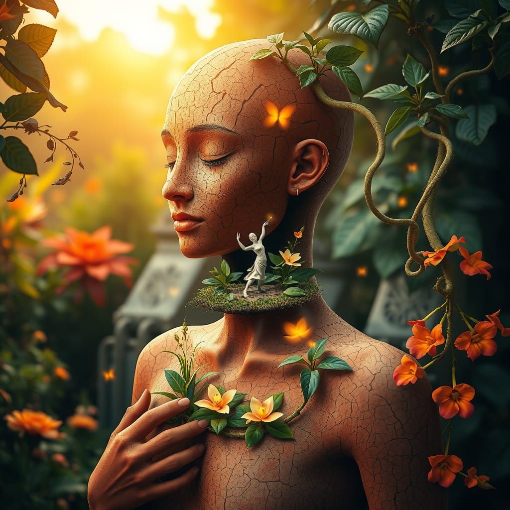 Earthen Figure in Lush Garden: Digital Portrait