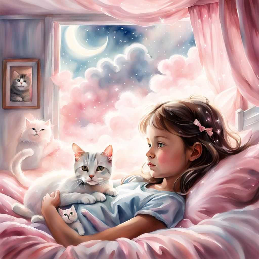 Ethereal Cat Appears to Girl: Watercolor Painting