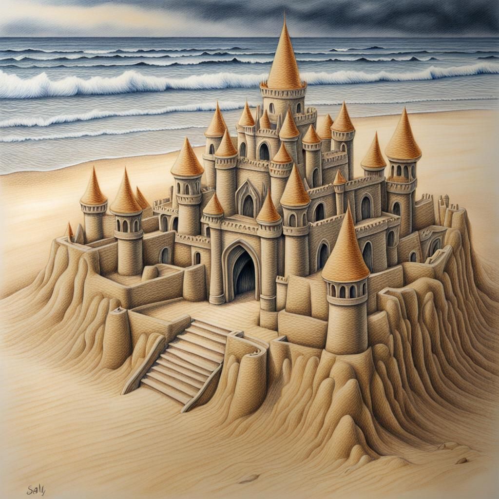 Detailed Colored Pencil Drawing of Sandcastle on Beach