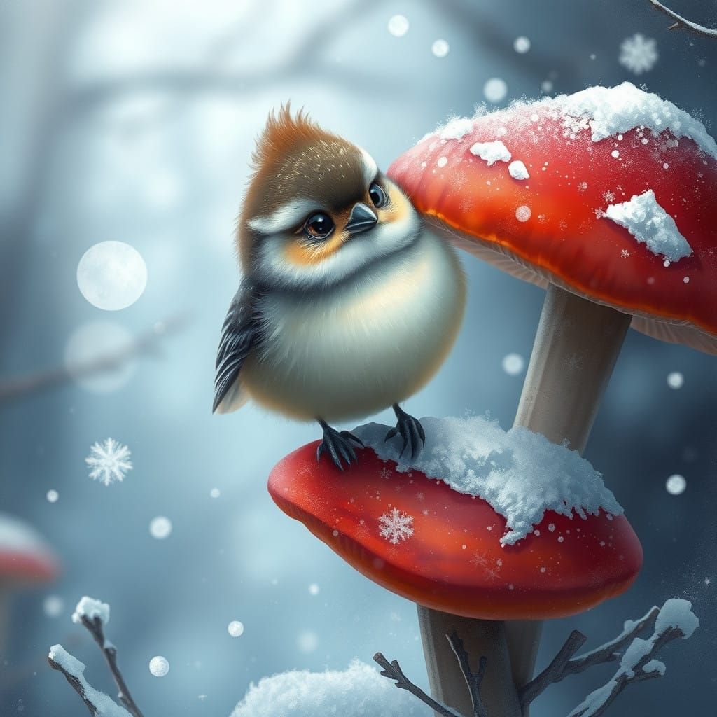 Whimsical Winter Bird on Red Mushroom