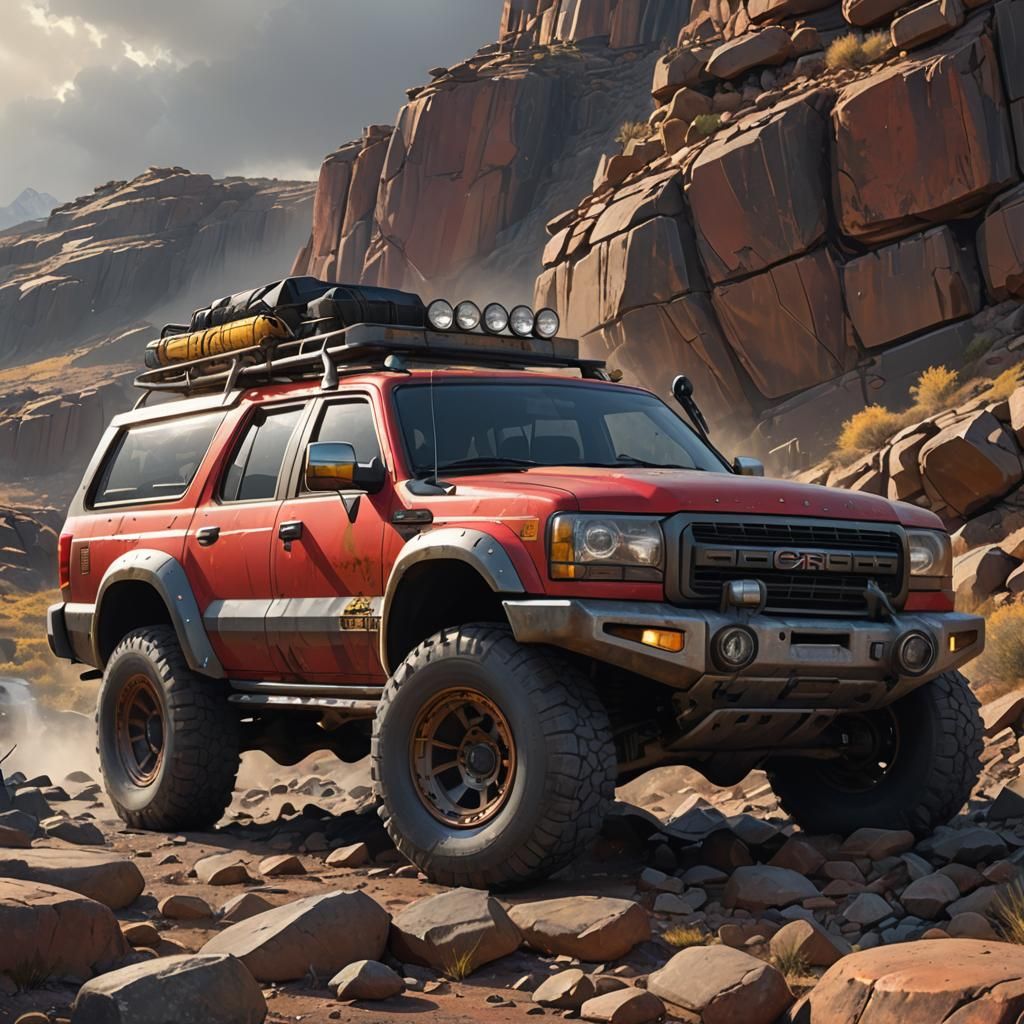 Red and Yellow 4x4 on Rocky Terrain