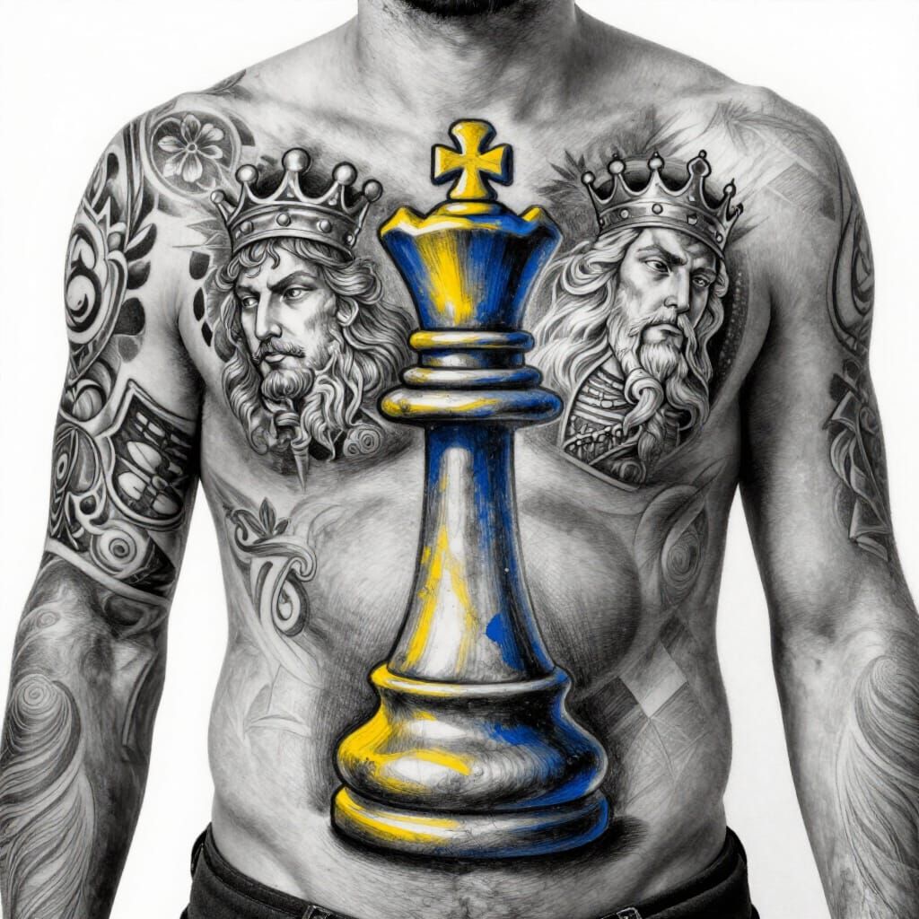 Hyper-Detailed Charcoal Tattoo of a King Chess Piece