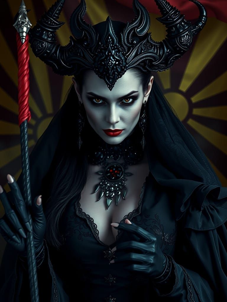 Menacing Vampire Queen with Macedonian Flag in Horror Noir