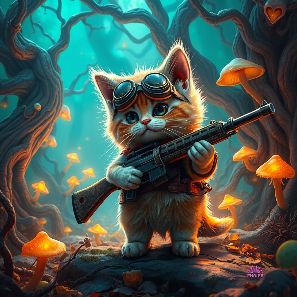 Kitten Gunslinger in Mystical Forest, Fantasy Art