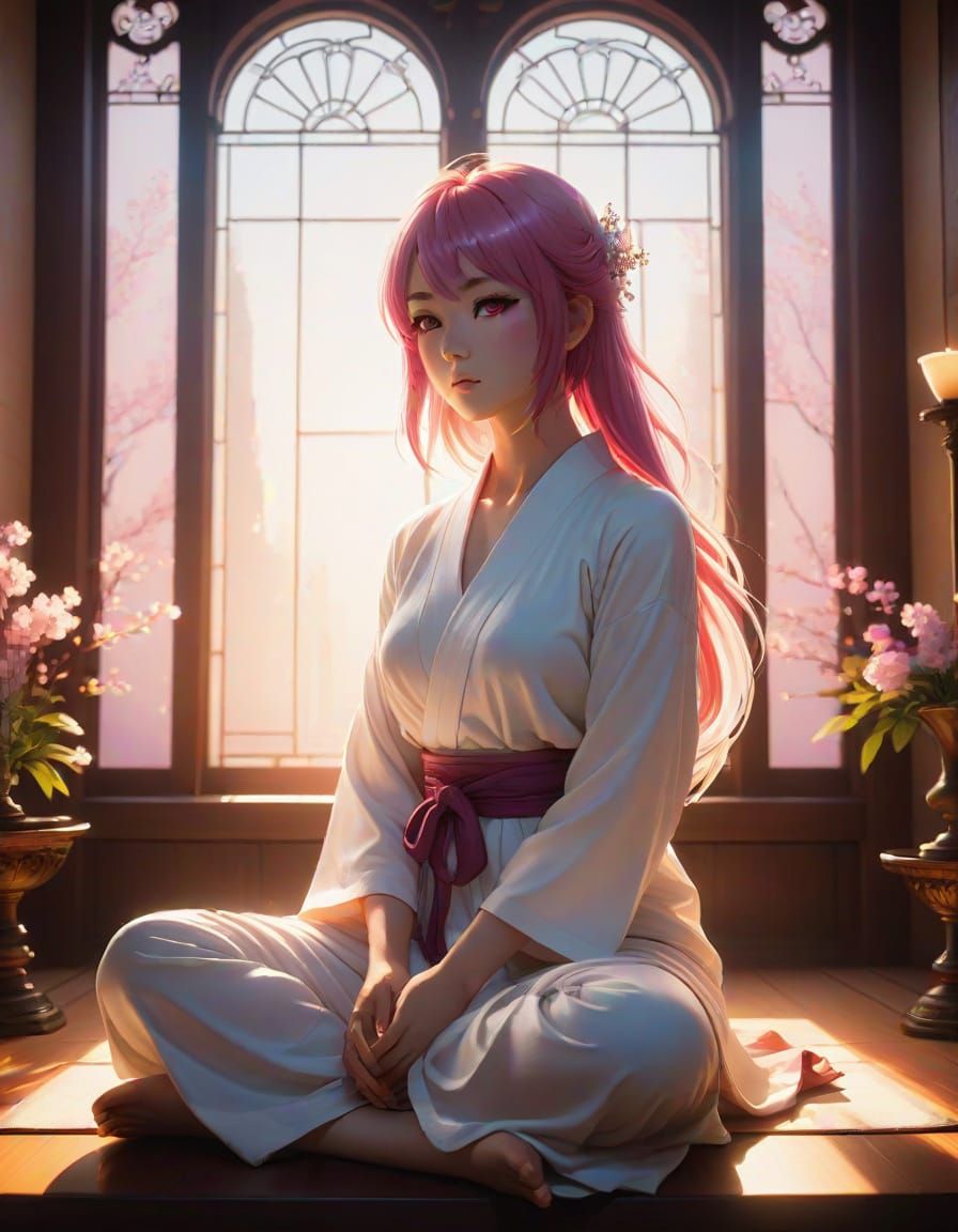 Anime Girl Meditating in Sunlit Temple, Glowing Aura