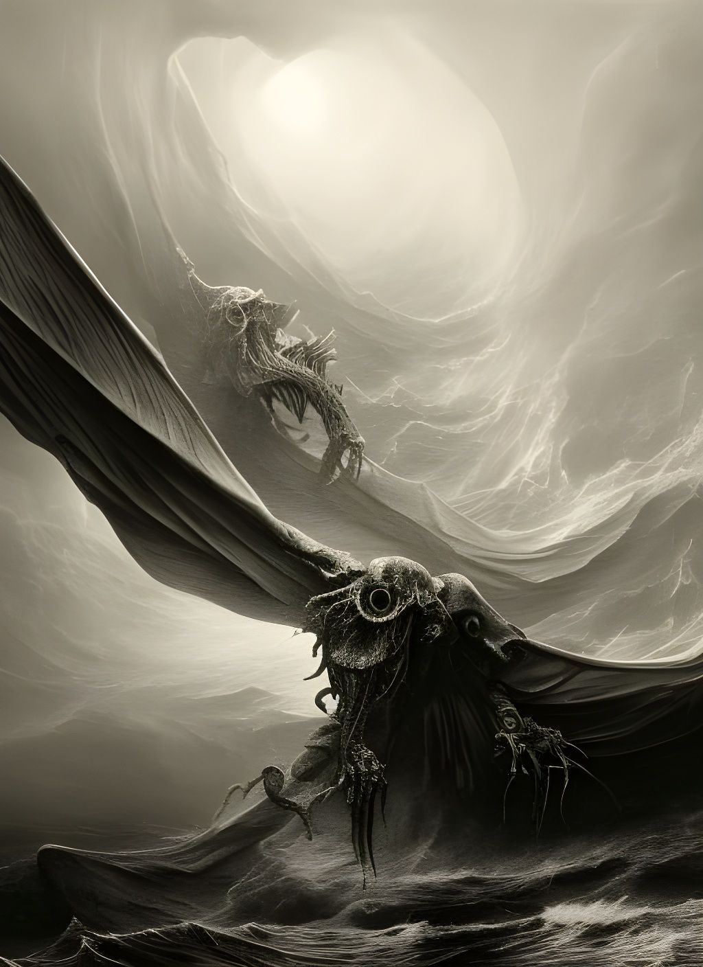 Cthulhu Rises from Boiling Ocean: Charcoal Drawing