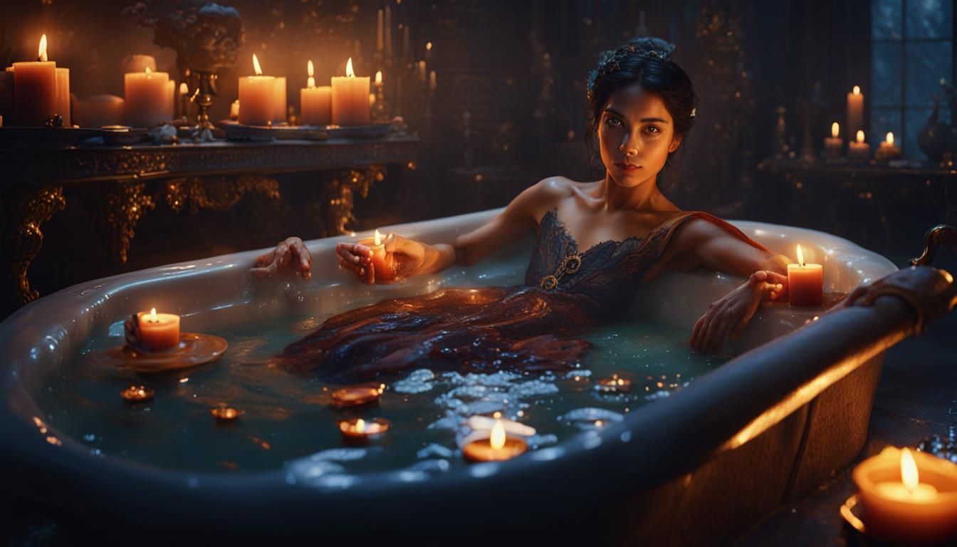 Woman in Candlelit Bath: Fantasy Matte Painting