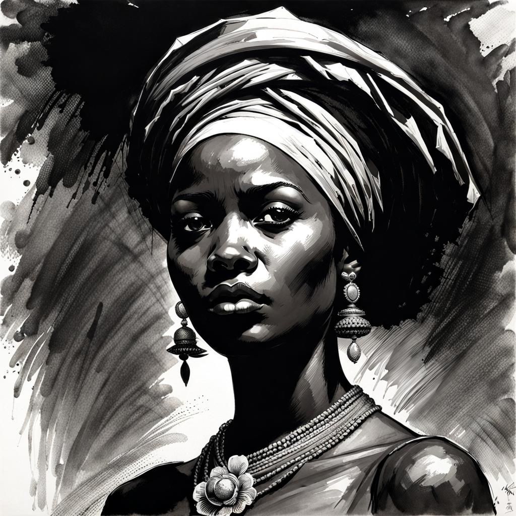 Victorian Haitian Woman in Ink Splash Art Style