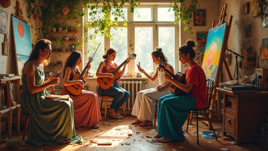 Creative Women in Sunlit Studio, Expressive Art