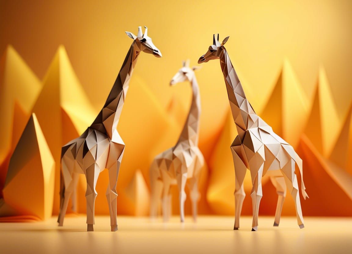 Origami Giraffes on Savannah in Papercraft Style