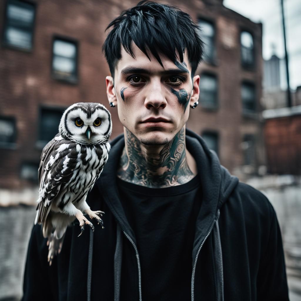 Cursed Goth Man with Flying Owl in NYC
