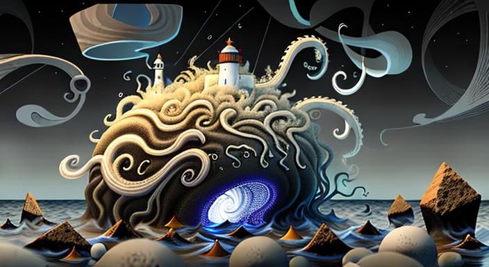 Surreal Eldritch Waterscape in Technical Drawing Style