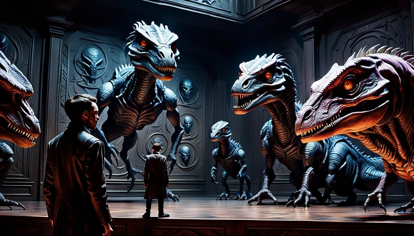 Alien Hunter and Demon in Surrealist Hall