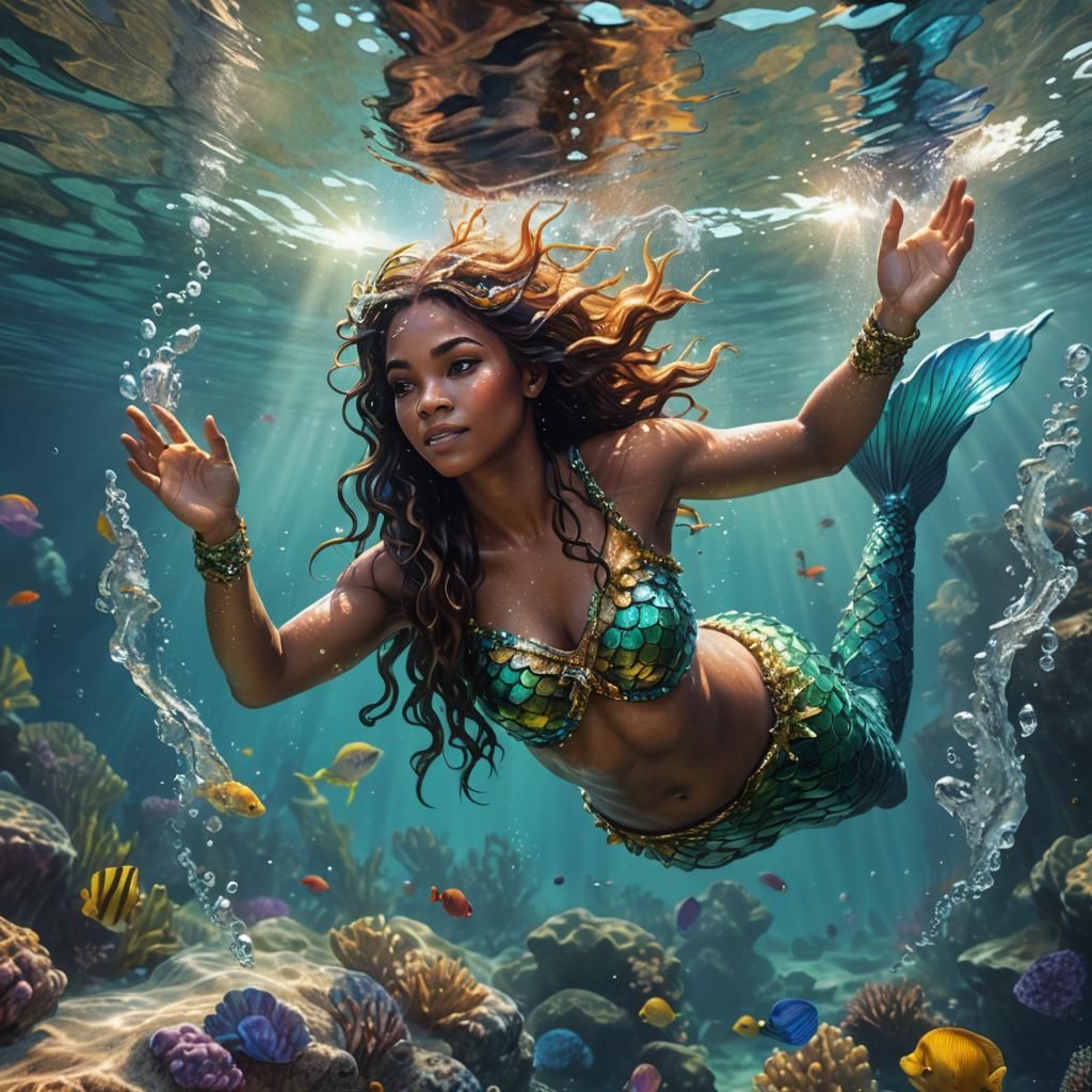 Caribbean Mermaid in Crystal Sea: Hyperrealistic Splash Art