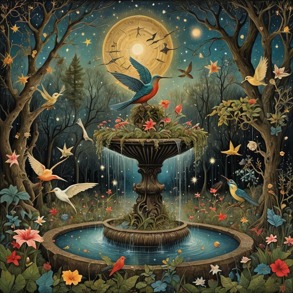 Surreal Cyborg Bird Fountain in Primordial Forest