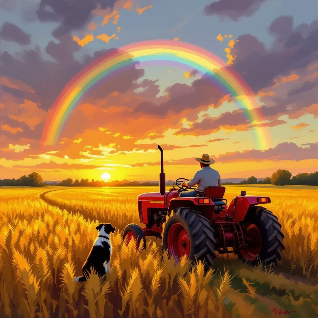 Farmer and Dog on Red Tractor at Sunset