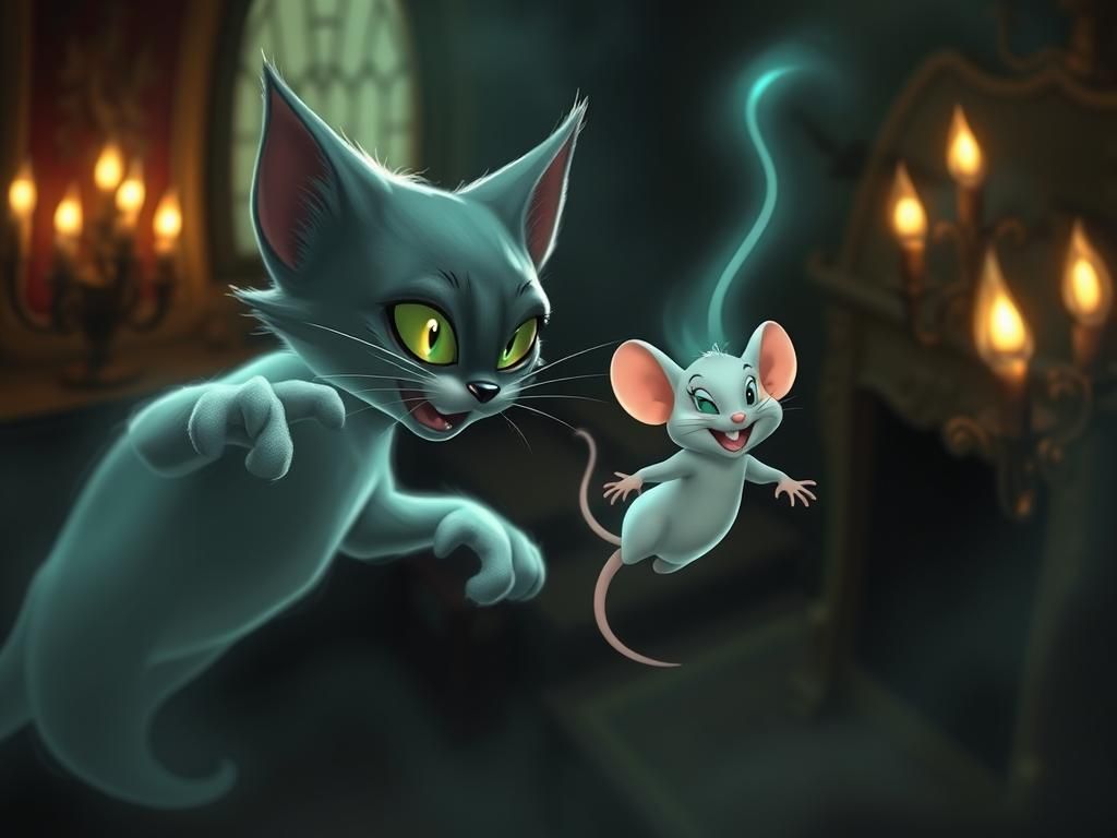 Eerie Ghost Cat and Mouse Game in Haunted Mansion