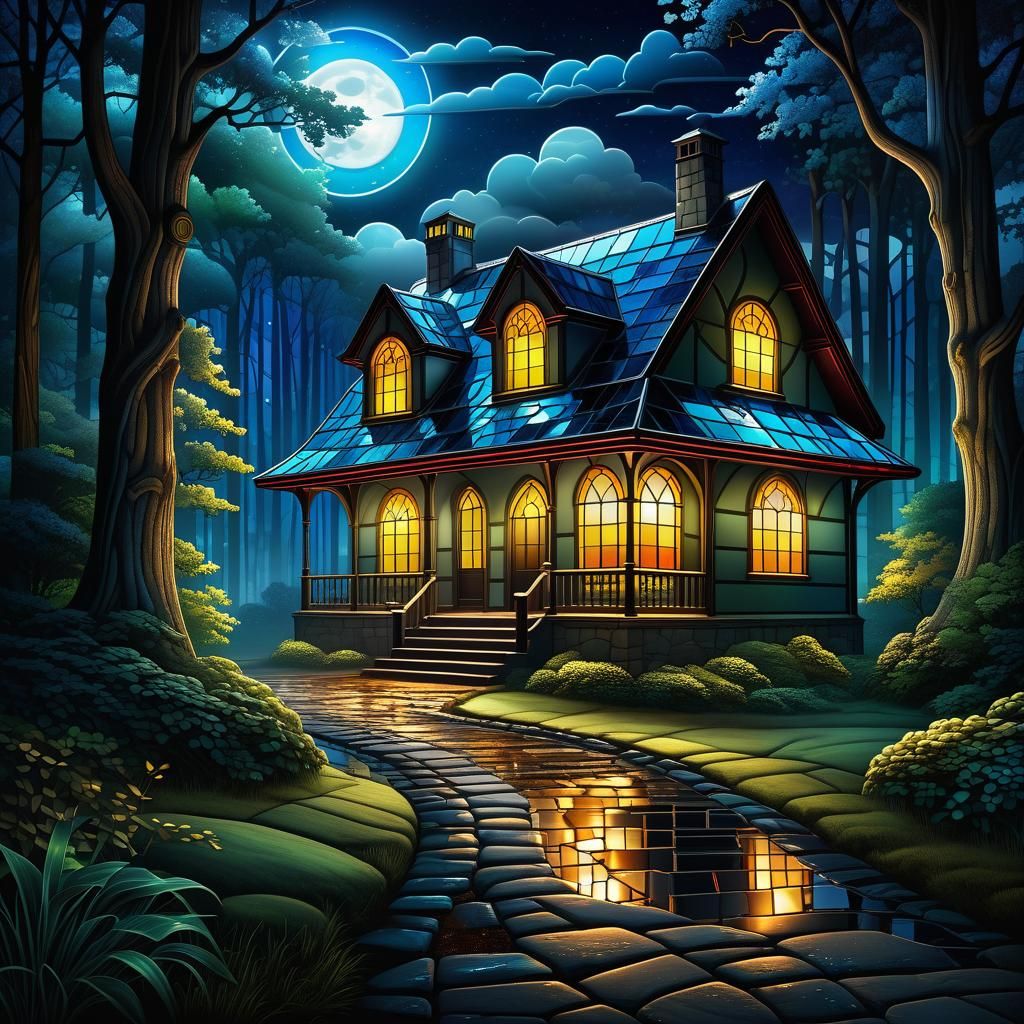 Stained Glass House in Forest at Night