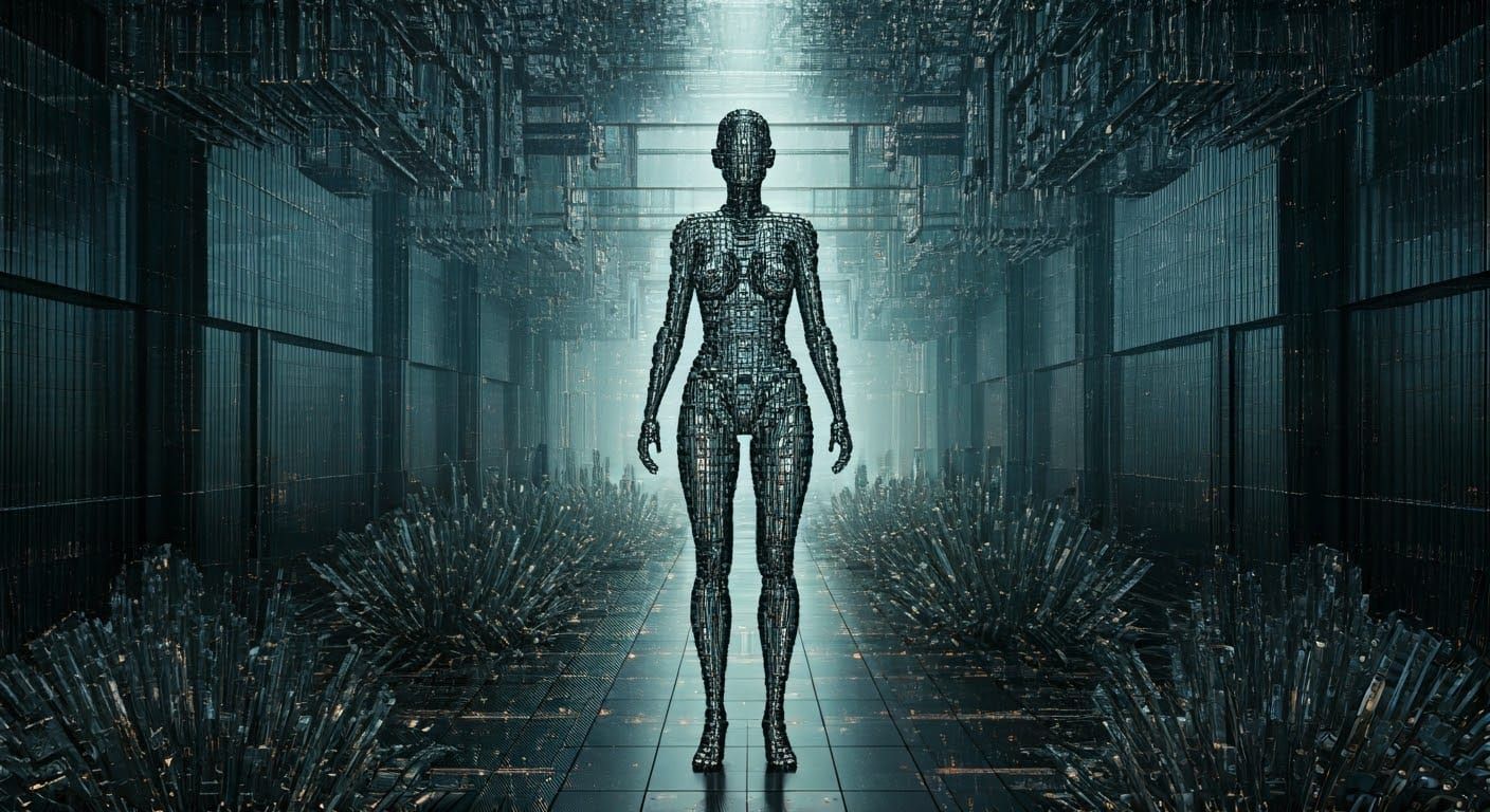 Crystal Robot in a Futuristic Glass Realm