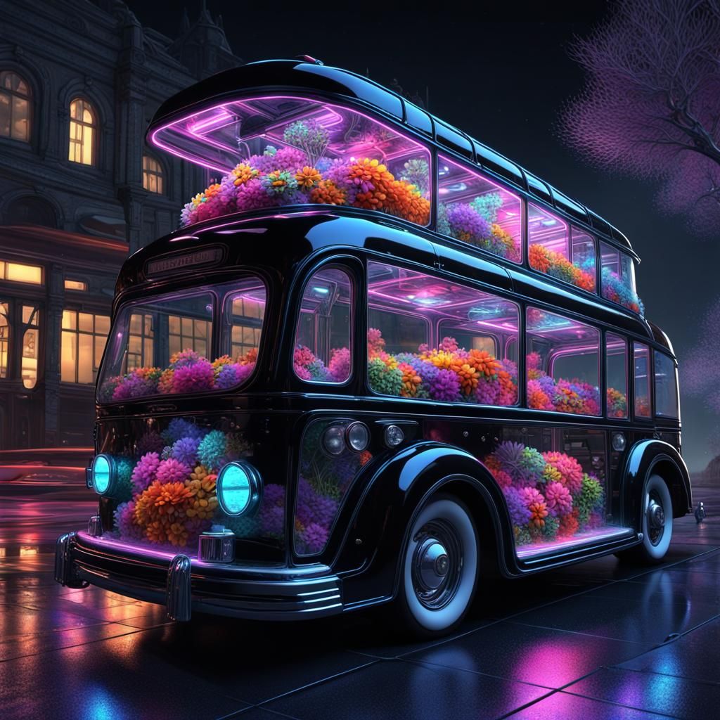 futurisic transparent glass bus filled with vibrant colorful flowers