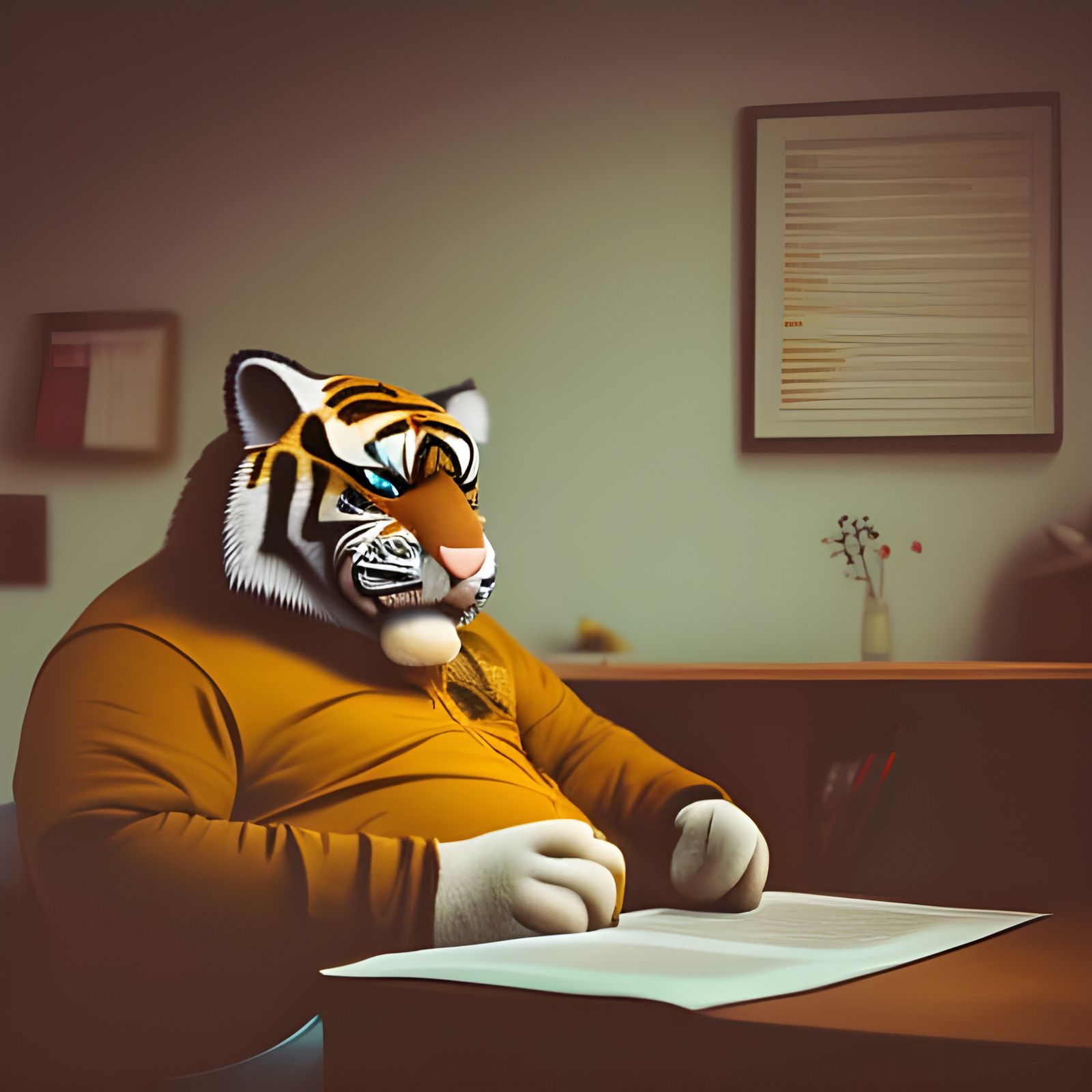 A chubby tiger reading a newspaper in his study