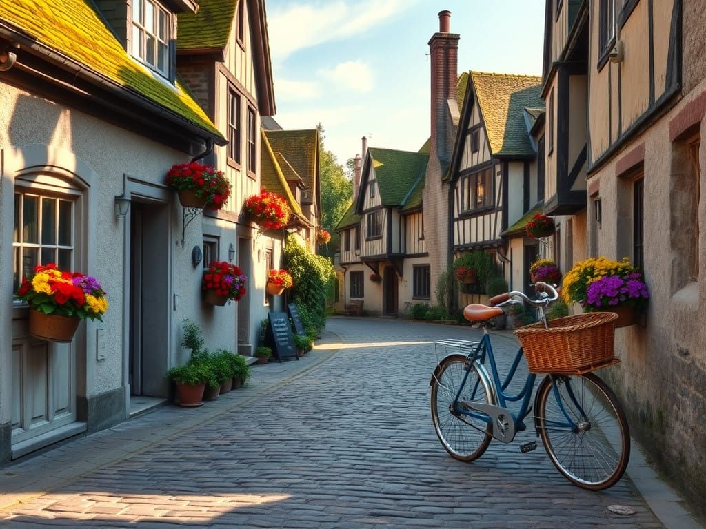 Whimsical Tudor Village Street Scene in Soft Pastels