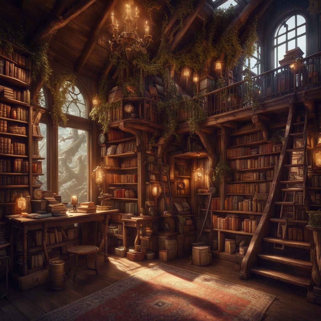 Antique Bookstore in a Fantastical Treehouse