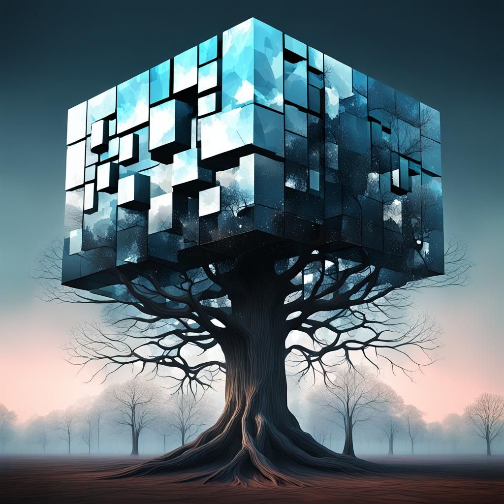 Geometric Tree with Crystalline Sky, Digital Art