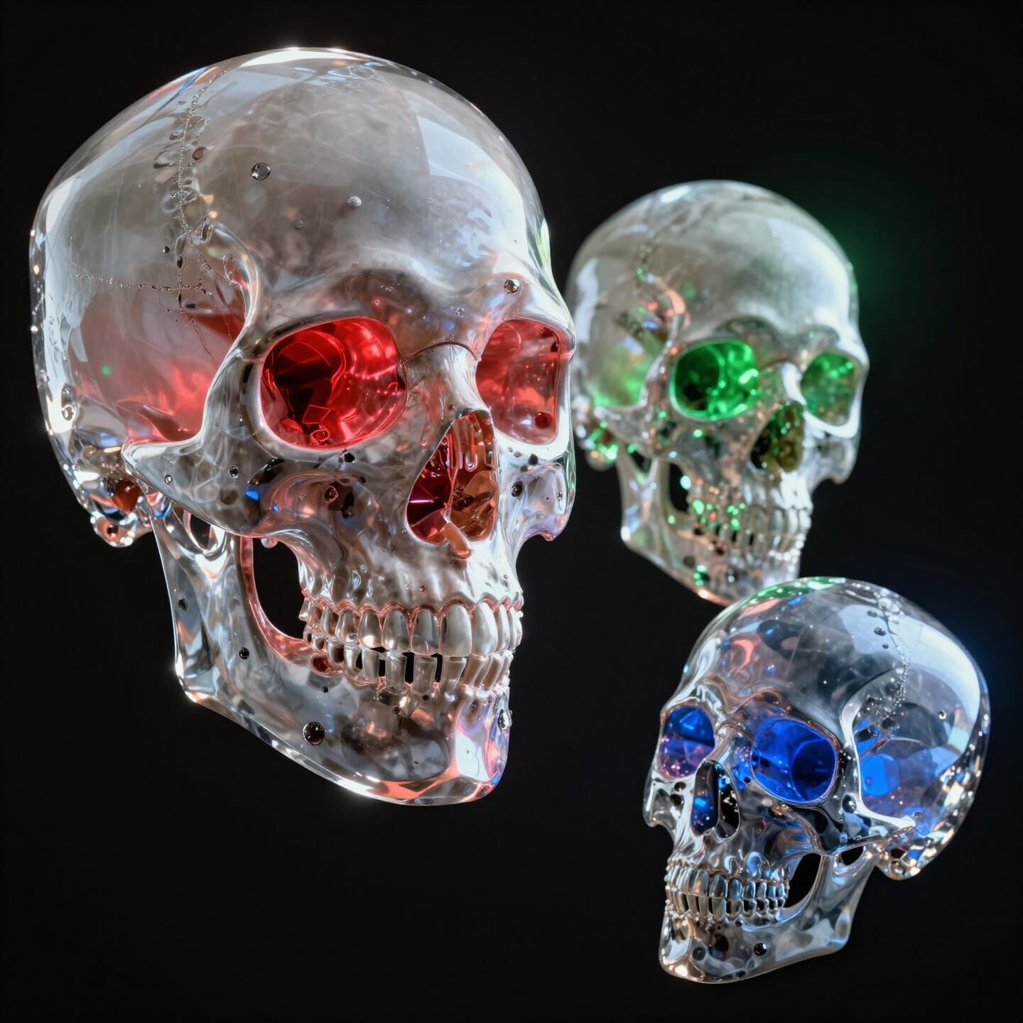 Crystal Skulls Illuminated by Spotlights in Futuristic Sculp...
