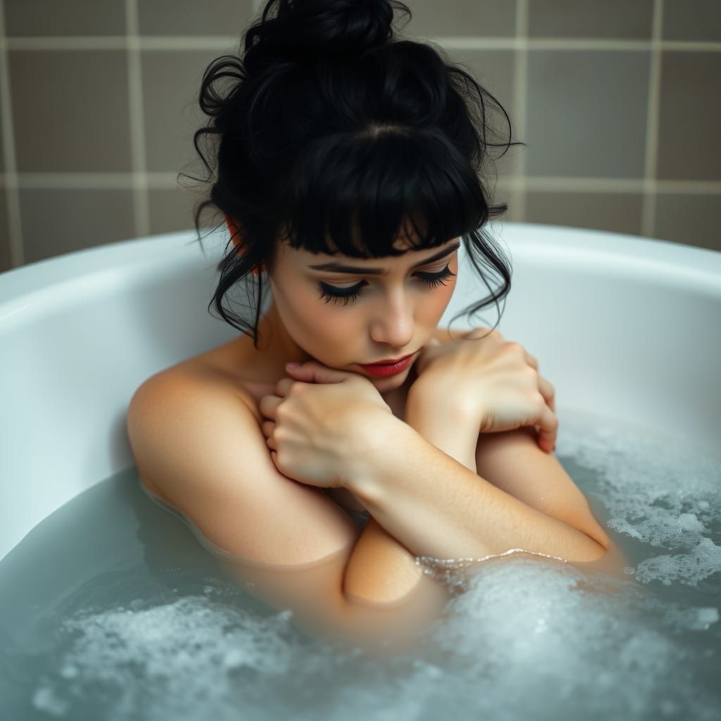 Sad Woman Crying in Bathtub