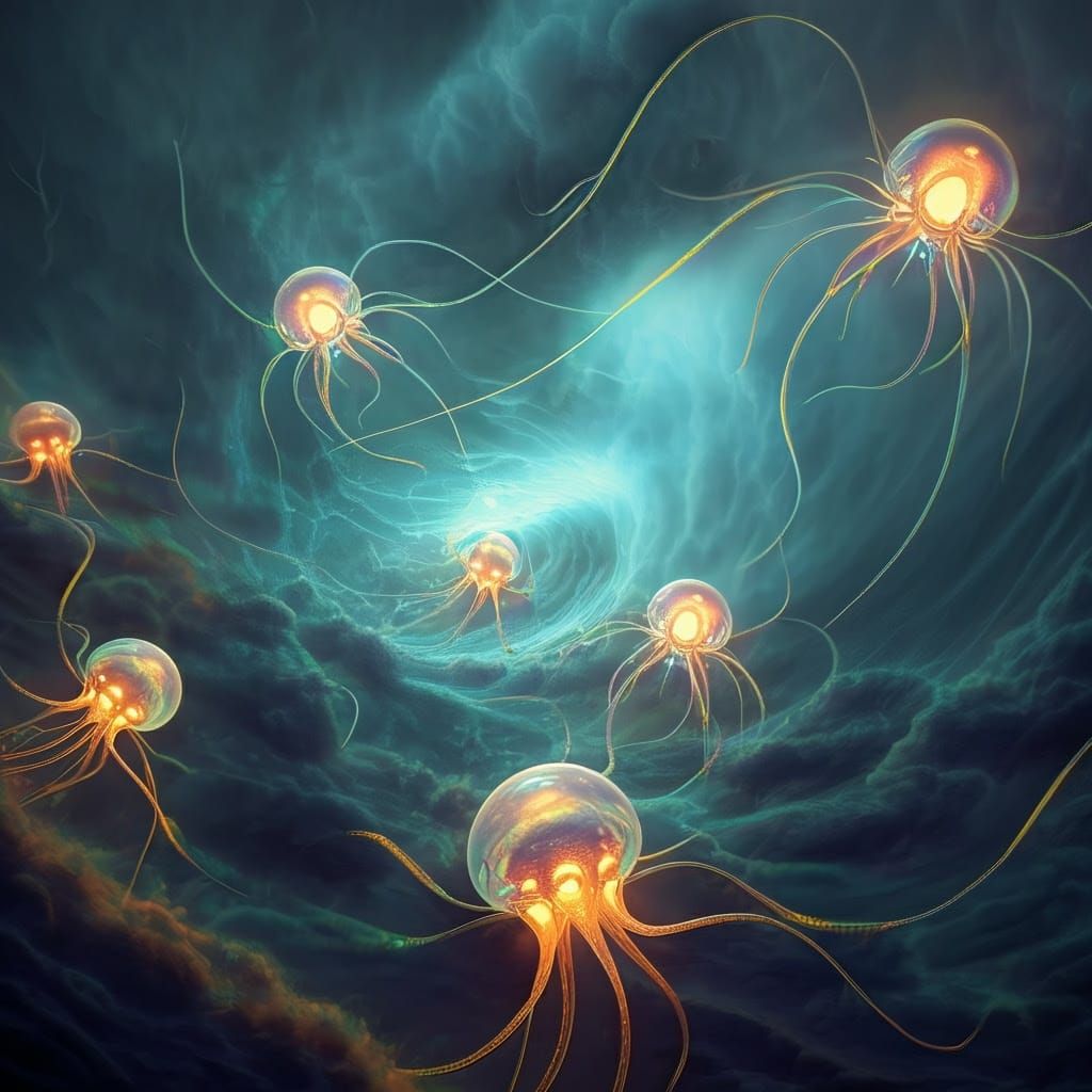 Ethereal Beings Converge in Turbulent Alien Sky