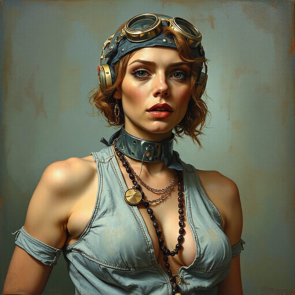 Cyborg Hillbilly Woman as Oil Painting