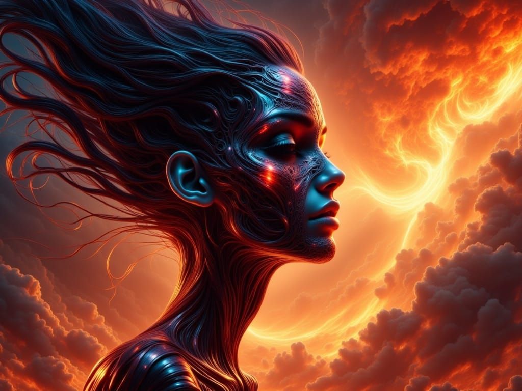 Fiery Sky Portrait in Futuristic Style