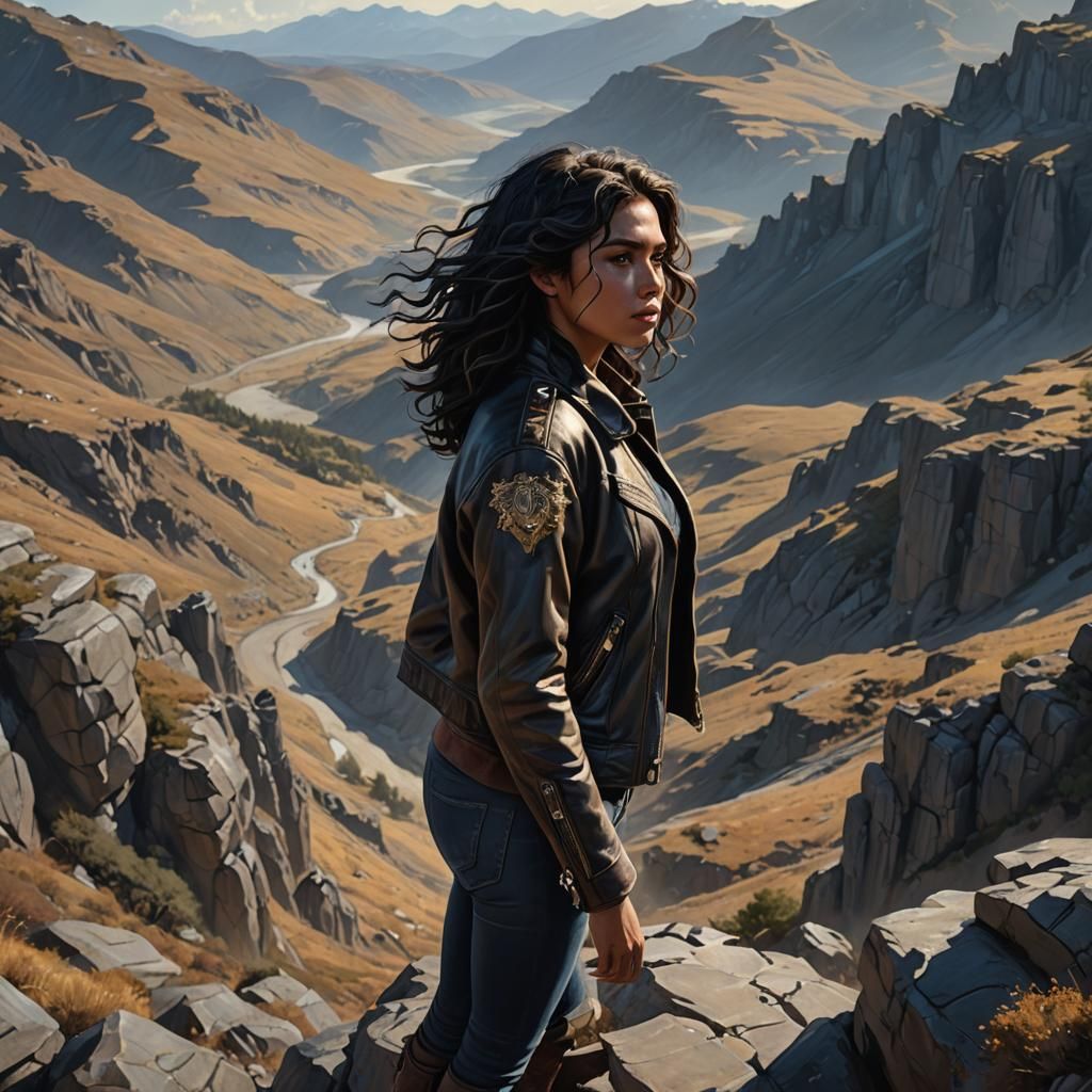 Woman on Mountain in Hyperrealistic Fantasy Style