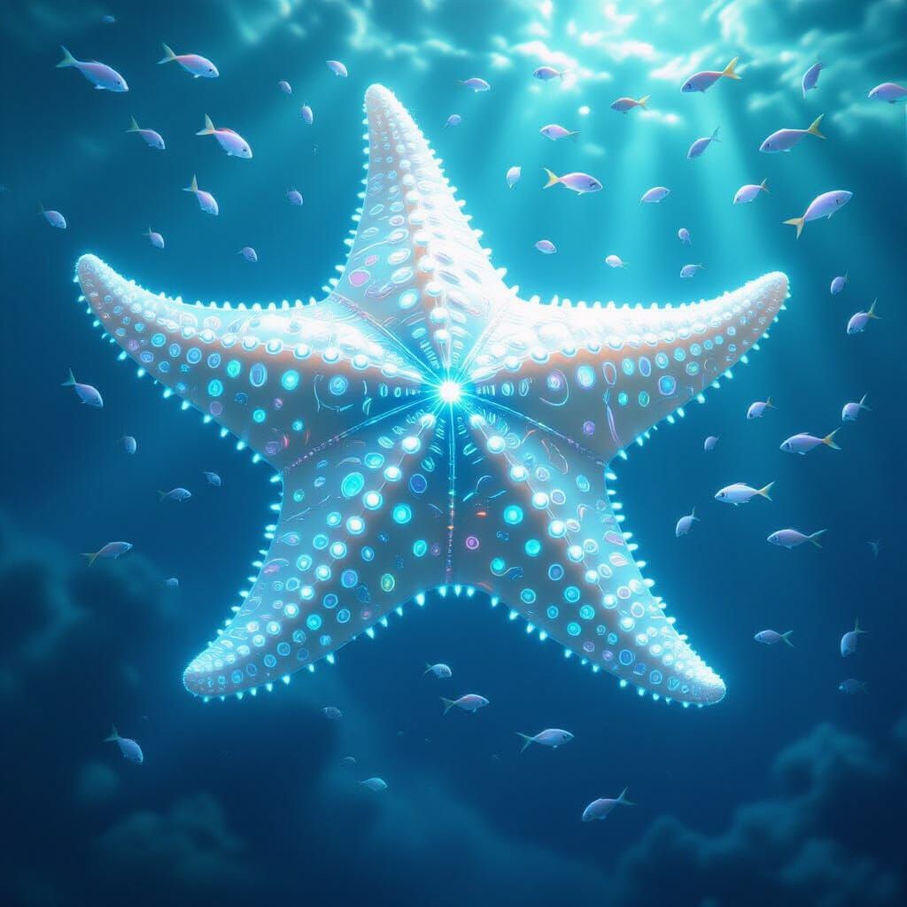 Bioluminescent Starfish Drifting Through Alien Sky