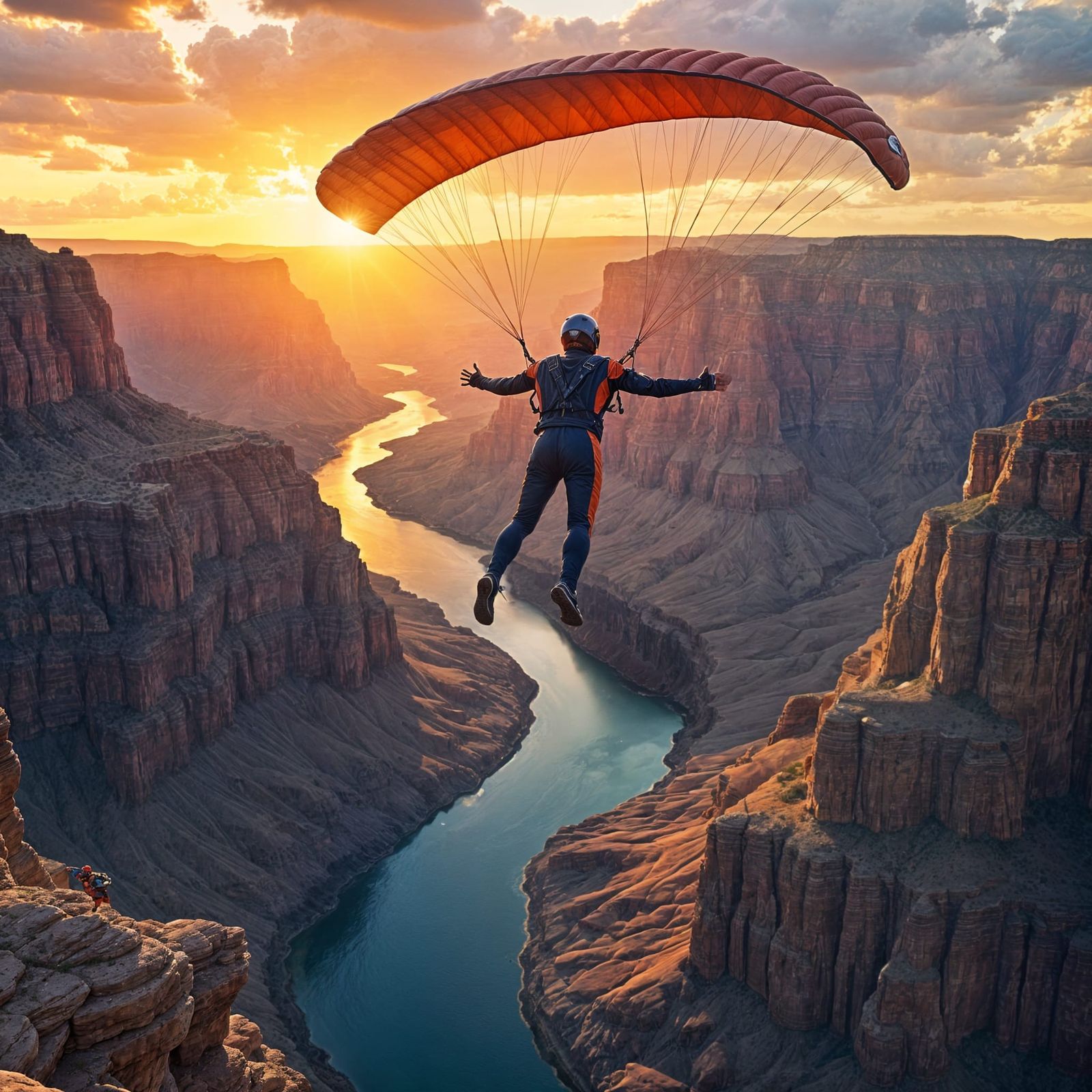 Wingsuit Skydiver Glides Through Grand Canyon at Sunset