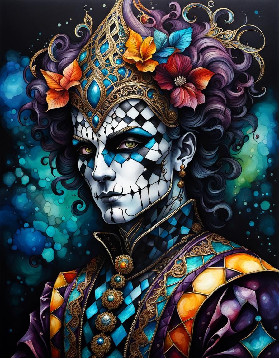 Filigree Harlequin in Hyperdetailed alcohol ink. dark fantasy. Alexander "Hollllow" Fedosav