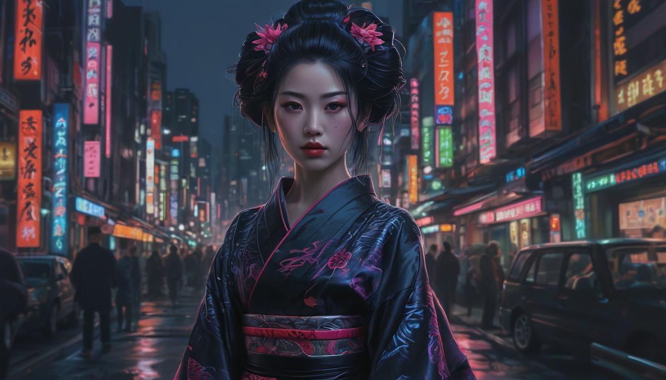 Cyberpunk Geisha with Neon Lights in Tokyo
