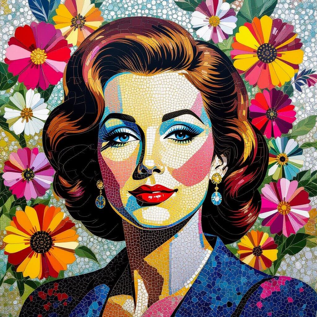 Vibrant Flower Mural Made Entirely of Pennies