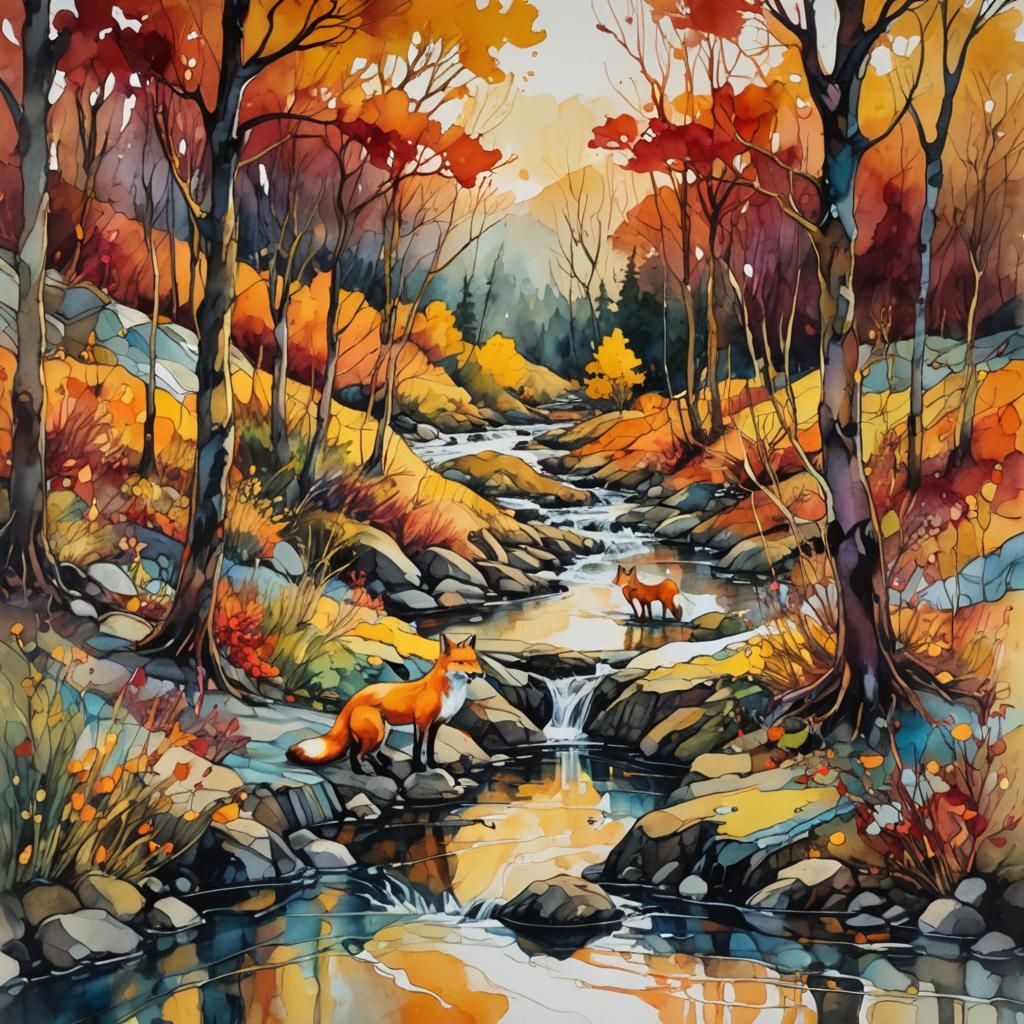 Abstract Fox Landscape in Expressive Ink Style