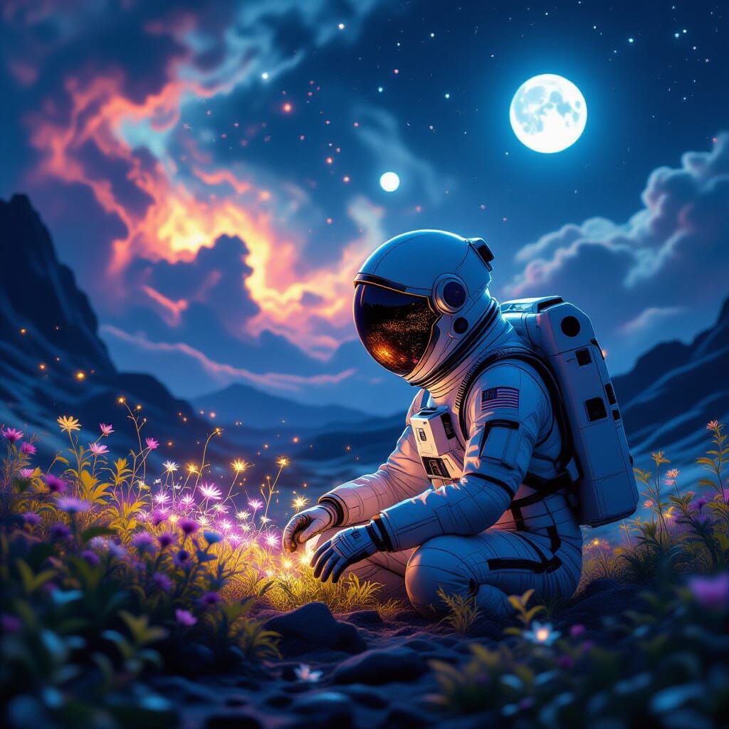 Astronaut Tends Bioluminescent Garden Under Twin Moons