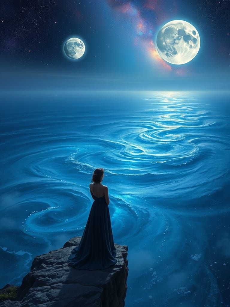 Woman Overlooking Alien Ocean Under Twin Moons