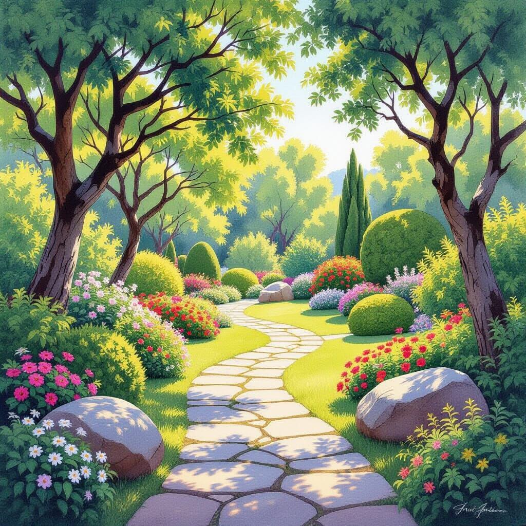 Lush Garden Scene in Watercolor Painting Style